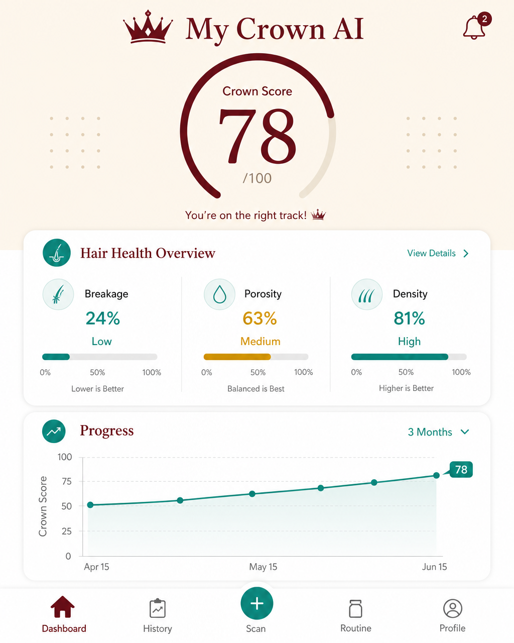 My Crown AI fine natural hair plan showing the Crown Score and what to do next